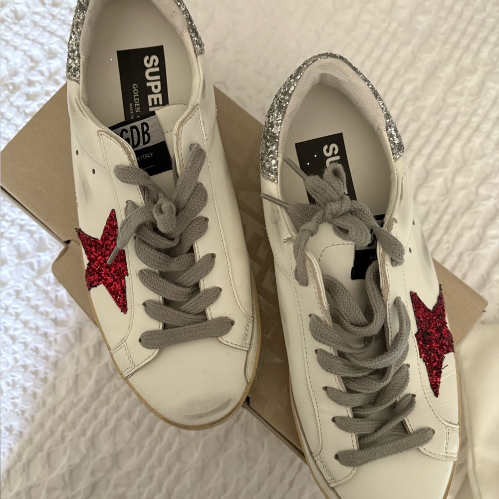 Golden Goose White Sneakers with Red Star and Silver Accents